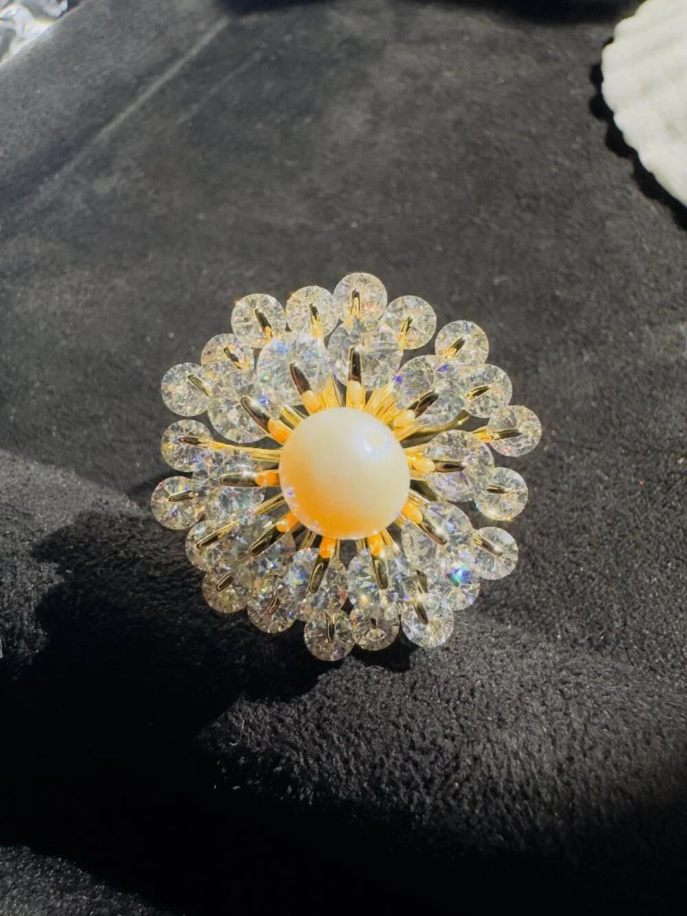 Sparkling CZ Flower Scarf Ring Pearl Center 2-in-1